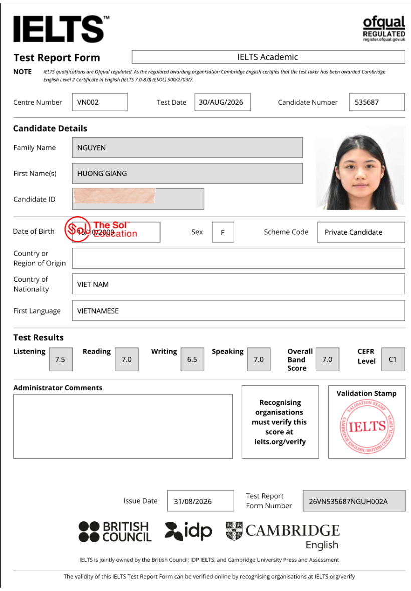 Nguyễn Hương Giang 7.0 IELTS