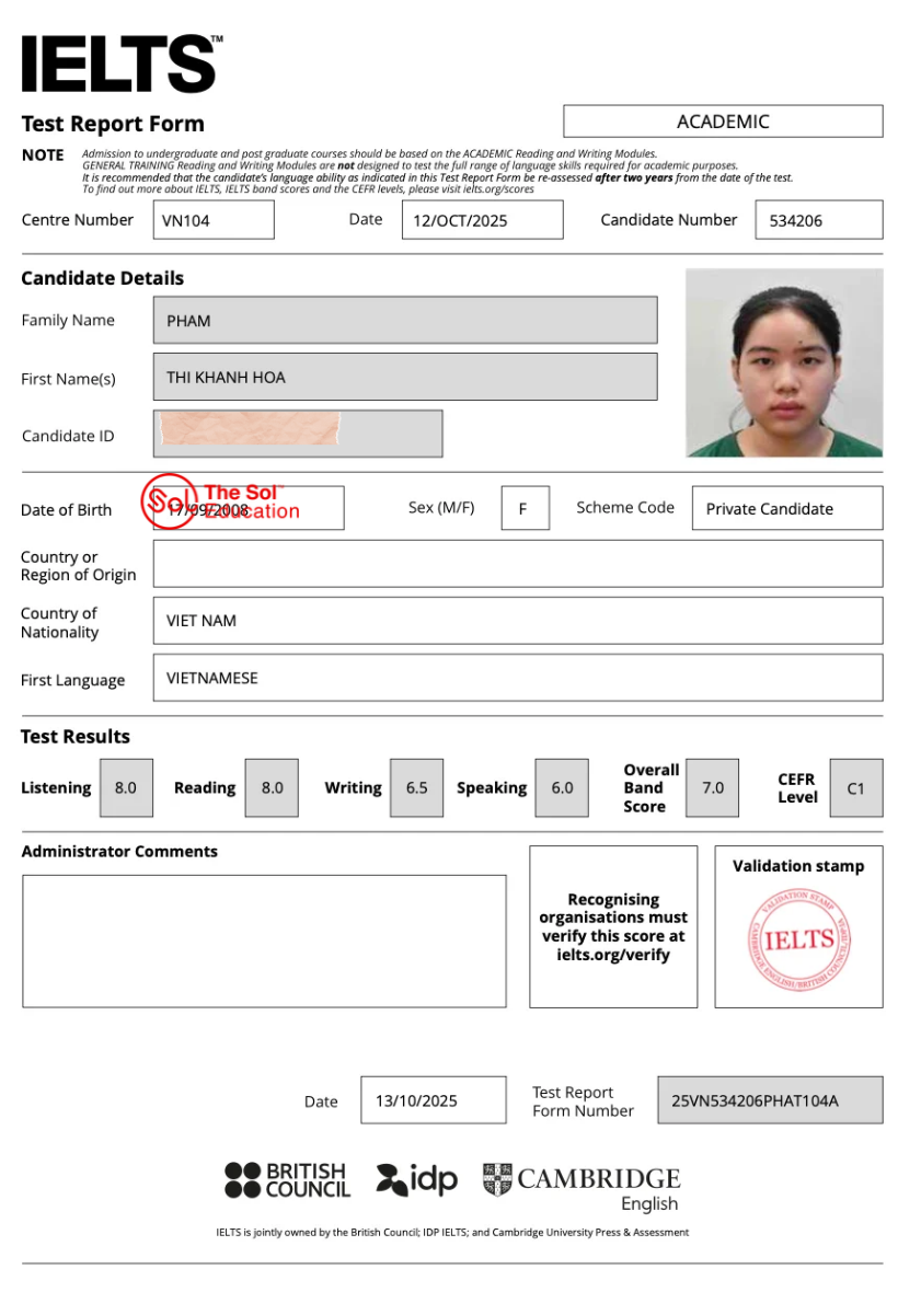Phạm Thị Khánh Hoà 7.0 IELTS