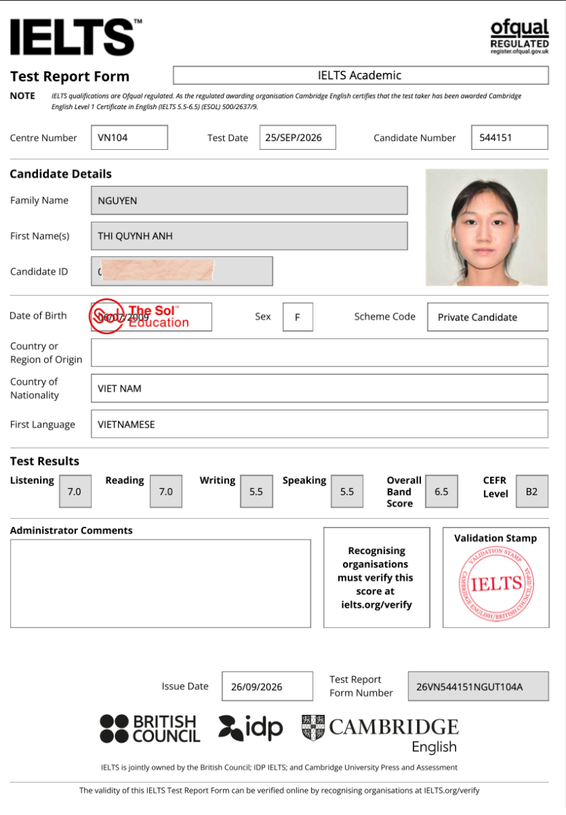 Nguyễn Thị Quỳnh Anh 6.5 IELTS