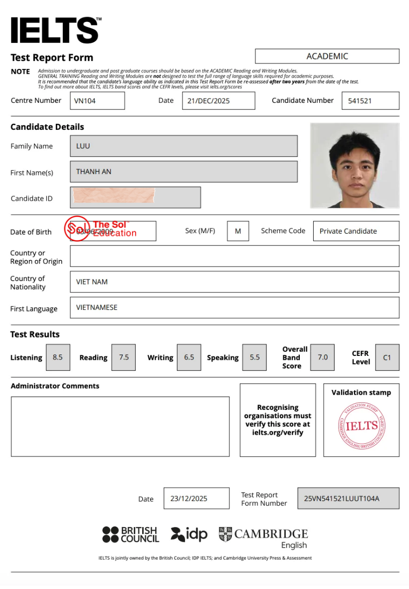 Lưu Thành An 7.0 IELTS