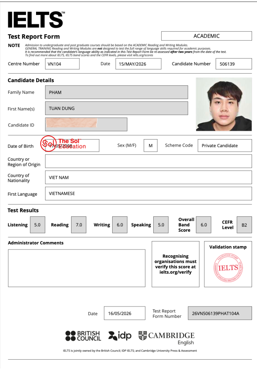 Phạm Tuấn Dũng 6.0 IELTS