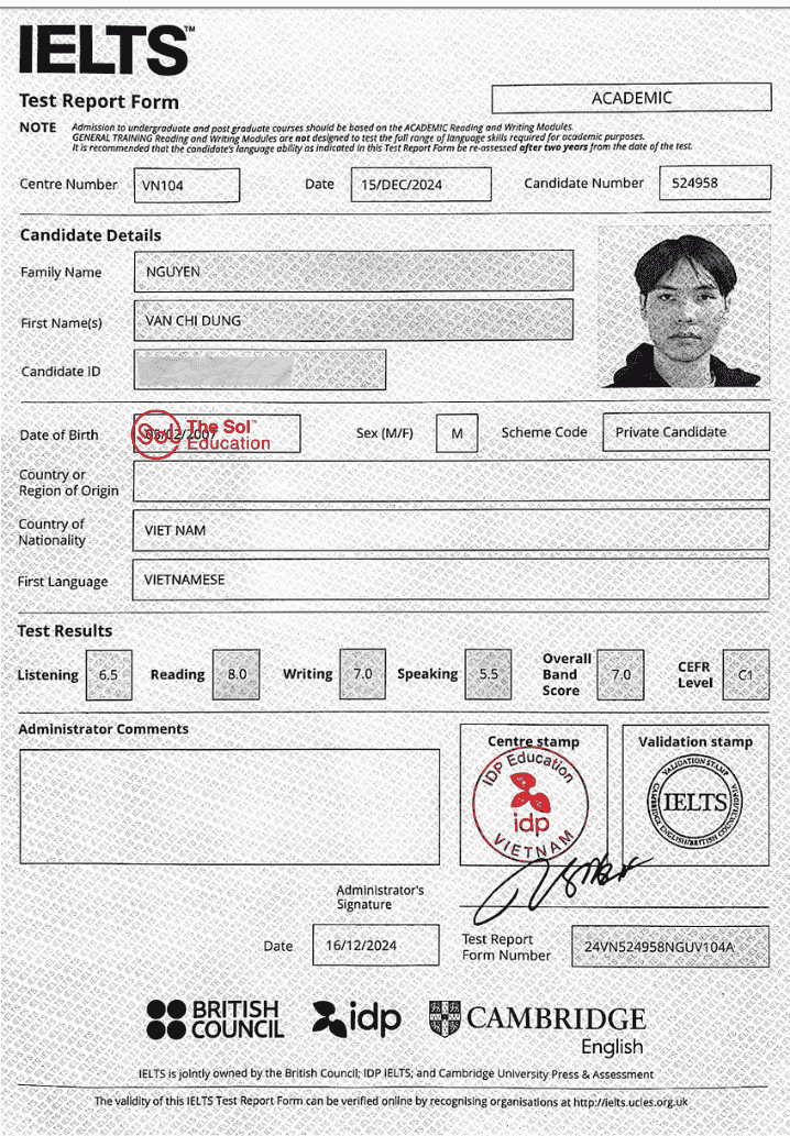 Nguyễn Văn Chí Dũng 7.0 IELTS
