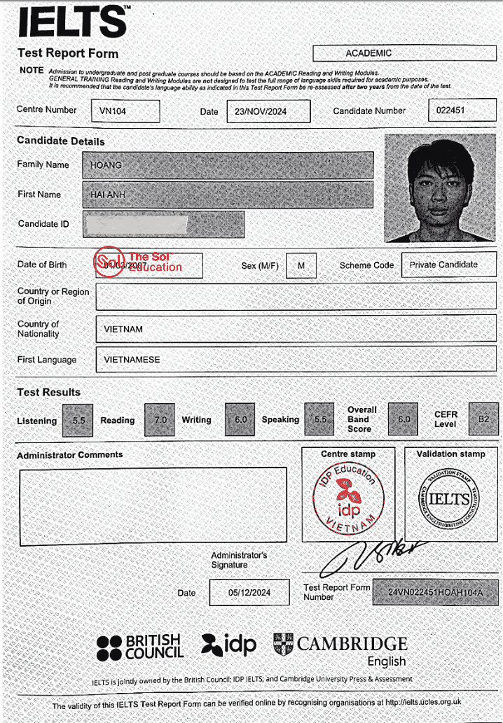 Hoàng Hải Anh 6.0 IELTS