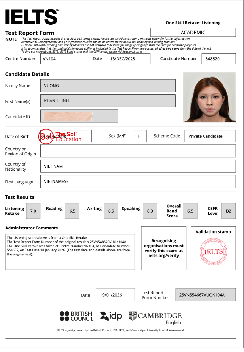 Vương Khánh Linh 6.5 IELTS