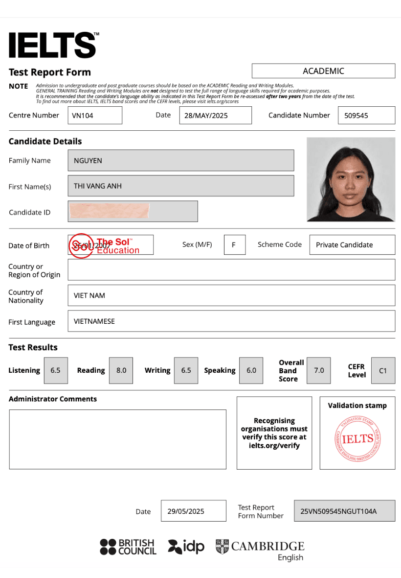 Nguyễn Thị Vàng Anh 7.0 IELTS